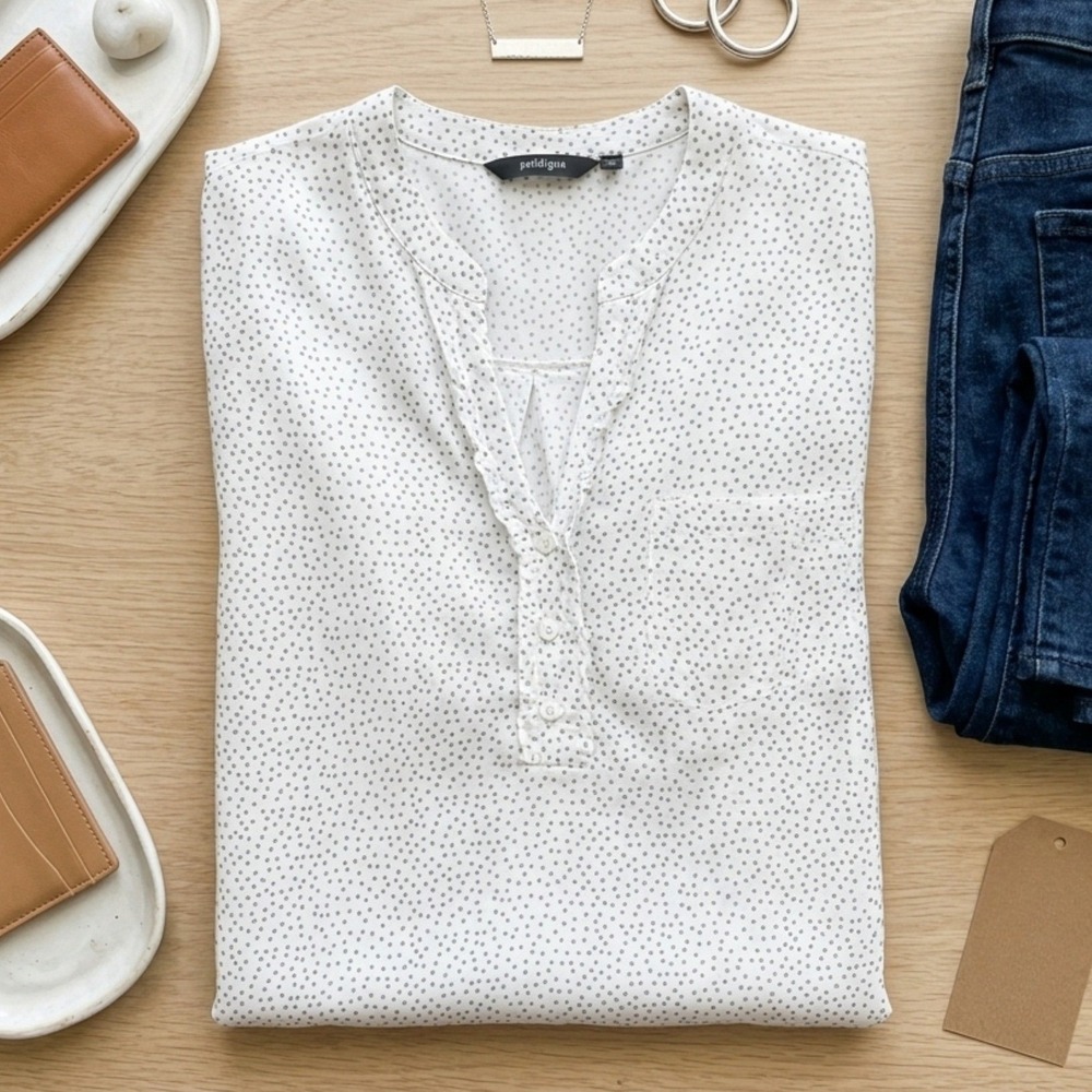 Paradigma Nordstrom‎ Blouse Womens Large White Grey Polka Dot Popover Henley